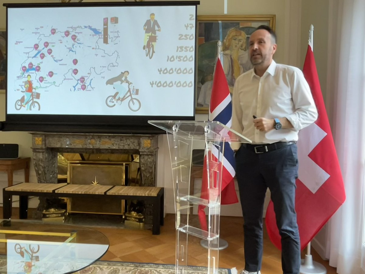 NorwayAmbCH's tweet photo. Diplomats in #BERN as ROLLmodels. Pleased to host colleagues at the #GreeningEmbassiesNetwork and representatives of the @Bern_Stadt and @Publibike to discuss ways to contribute positively on green issues. https://t.co/GyZbq366wC