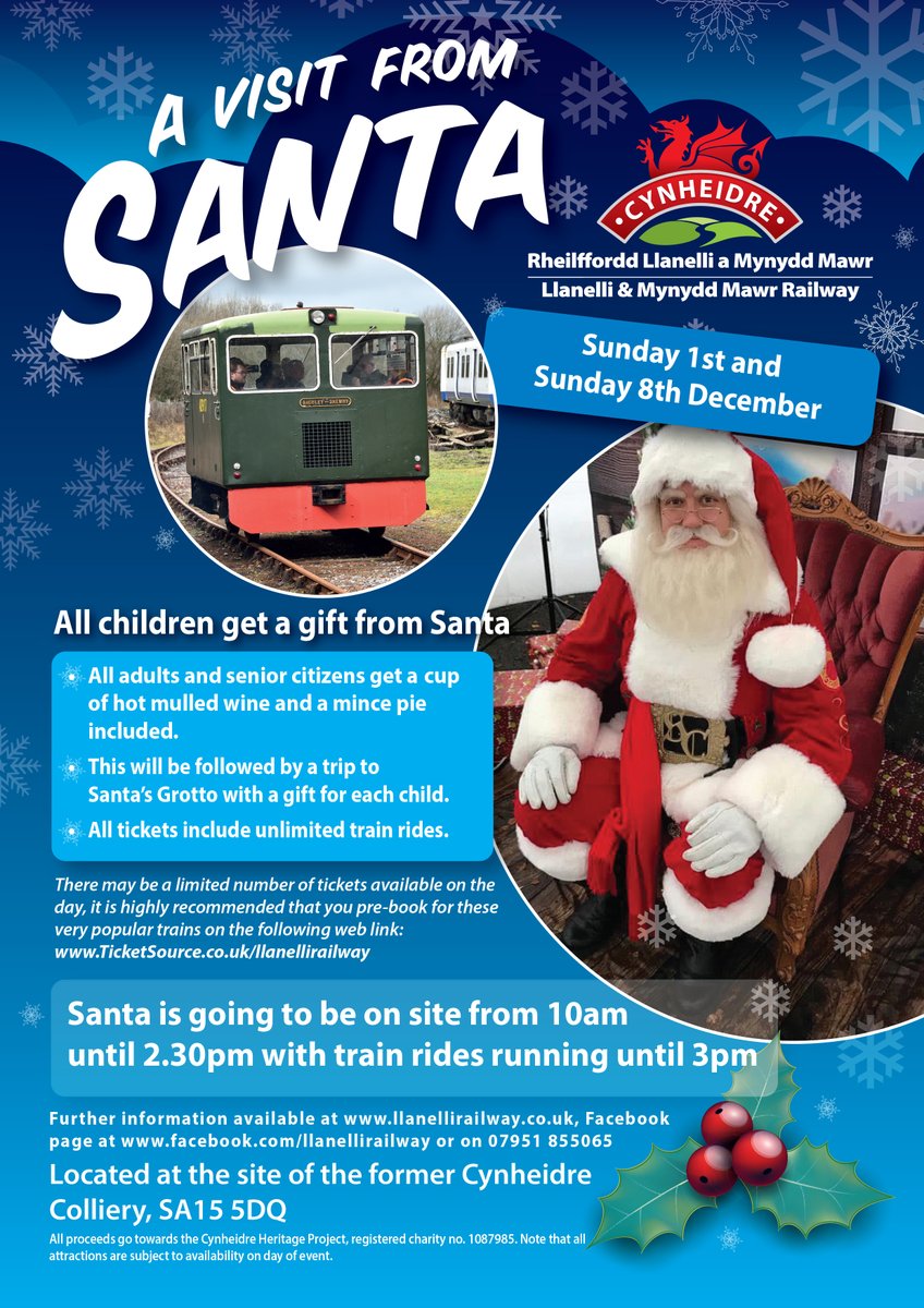 We will be open to the public on Sunday 1st &amp; Sunday 8th December. Santa will be at Cynheidre with train rides for all, a gift for each child and seasonal refreshments. Book now at the following web link: ticketsource.co.uk/llanellirailway