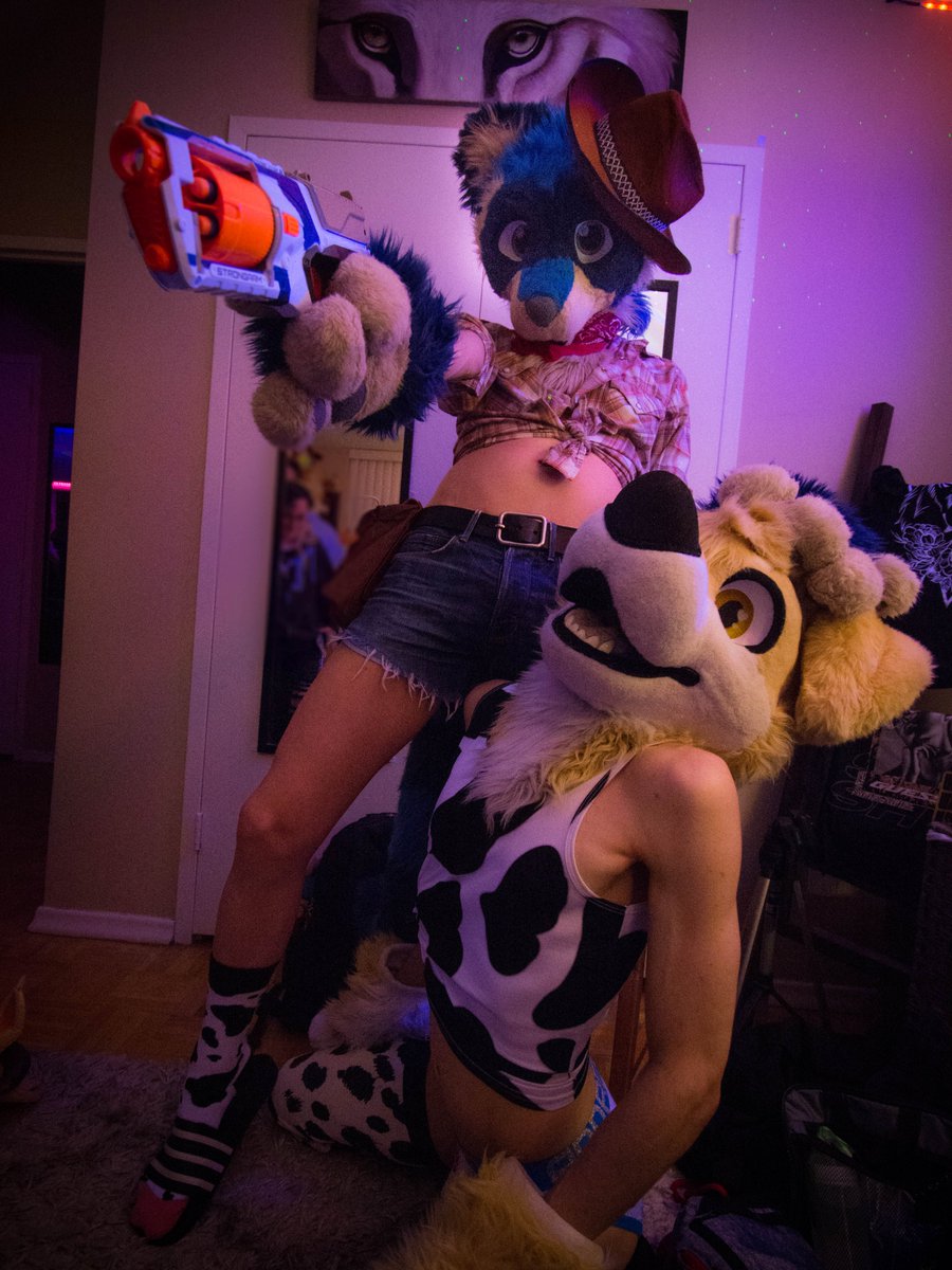 "𝘎𝘪𝘵 𝘺𝘦𝘳 𝘱𝘢𝘸𝘴 𝘰𝘧𝘧 𝘮𝘺 𝘤𝘰𝘸, 𝘐 𝘢𝘪𝘯'𝘵 𝘥𝘰𝘯𝘦 𝘮𝘪𝘭𝘬𝘪𝘯' 𝘩𝘦𝘳 𝘺𝘦𝘵!" 🐄   

Happy Halloween y'all! 🎃  

🐕: <a href="/Custardfax/">Custard is trying his best 💜🧡💛💚💙❤</a>
📷: <a href="/LycaonWuff/">Lycaon</a> 
#fursuit