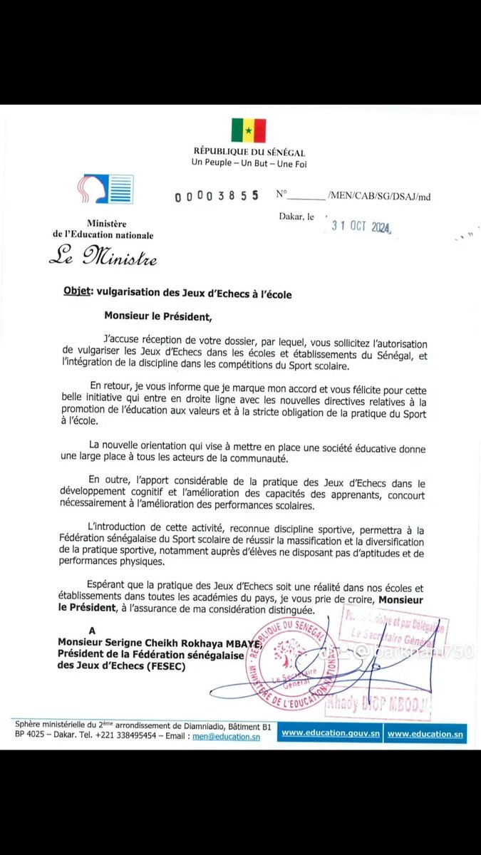 ✍🏽✍🏽🇸🇳🇸🇳🇸🇳♟️♟️♟️♟️♟️🩷🩷🩷

Le moment tant attendu est enfin arrivé ! Après des années de persévérance, de réflexion et de travail acharné, nous sommes heureux d'annoncer que la pratique du jeu d'Echecs est désormais officiellement intégrée dans les établissements scolaires. Une