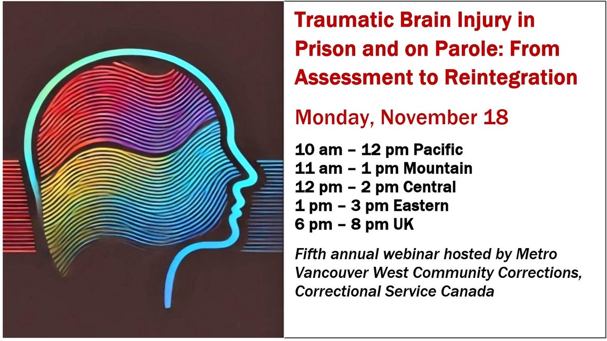 Happy that 400 people so far have registered for our 5th annual webinar: Traumatic Brain Injury in Prison and on Parole, Moday November 18, 10am Pacific. Join us as we hear from four leading experts on TBI. 
Free and open to people in all fields. Register: tbi-prison-parole.eventbrite.com