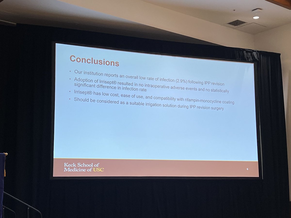 Dr Marissa Maas presents data on comparable/low infection and complication rates when transitioning to Irrisept irrigation during IPP revision surgery 
- infection rate of 2.9% excellent for revision cases 

#WSAUA24