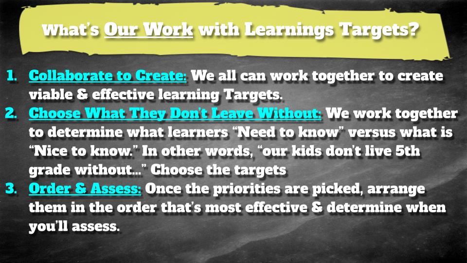 Where do we start designing learning?
With TARGETS! 

Learners MUST know the finish line for today's learning, why they need to reach it, &amp; how they'll get there. 

I'm not talking about posting some statement on the board for compliance either.