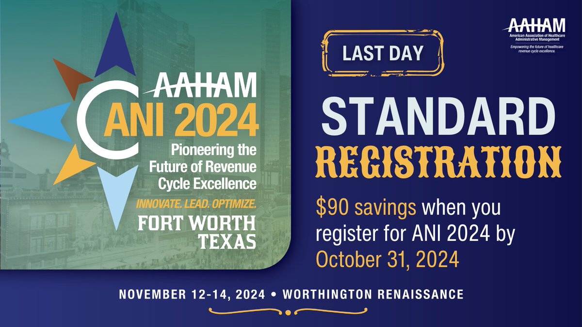 The AAHAM Annual National Institute will take place November 12 - 14 in Fort Worth, TX. The Deadline for ANI standard registration is 10/31/24. Register now to save $90: ow.ly/XutN50TXzMh