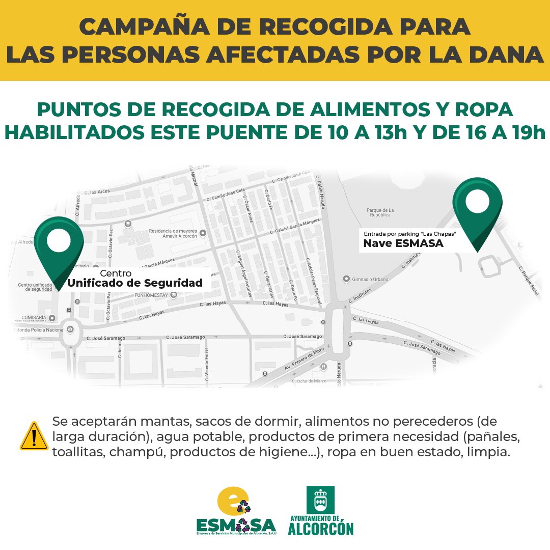 EsmasAlcorcon's tweet photo. ⚠️ Ampliamos la recogida de ropa y comida para los y las afectadas por la #Dana a todo el puente. 

Os dejamos las ubicaciones y horarios 👇🏽 https://t.co/J0DCUUngWQ