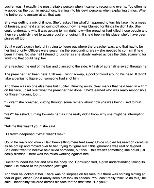 #Lucitober2024 - Tension

Chloe finds the preacher's body at Lux at the end of 1x12, and actually takes a few seconds to think before pulling a gun on Lucifer.

archiveofourown.org/works/59356720…