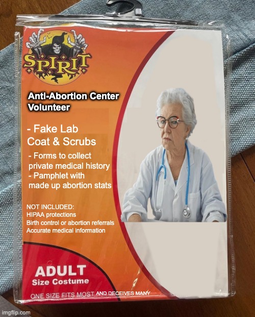 EquityForward's tweet photo. A costume that anti-abortion center volunteers can use year-round! Perfect for deceiving people into handing over their sensitive information with zero privacy protections. May even be covered by taxpayer funds in several states. 🤮 #StopAACs #EndFakeClinics #FakeClinics https://t.co/IRuD0x0iBY