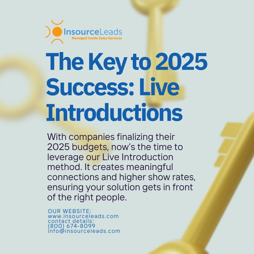 InsourceLeads's tweet image. With companies finalizing their 2025 budgets, now’s the time to leverage our Live Introduction method. It creates meaningful connections and higher show rates, ensuring your solution gets in front of the right people. #LiveIntroduction #2025Budgets #SalesOpportunities
