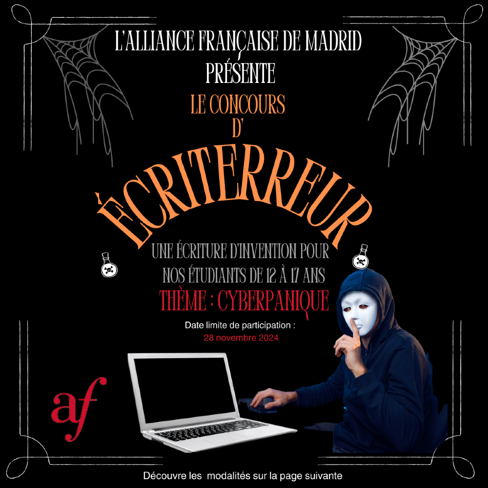 AllianceMadrid's tweet photo. 🎃📚 ¡Este Halloween lo celebramos a lo grande con "Le concours d’écriterreur CyberPANIQUE”! 📚👻

¿Te apasiona escribir? Sorpréndenos con una historia cargada de intrigas, miedo… ¡Y terror! 💻💀

👥 Requisitos en la imagen

#concursodeescritura #concurso #halloween https://t.co/ov9ax90Gss