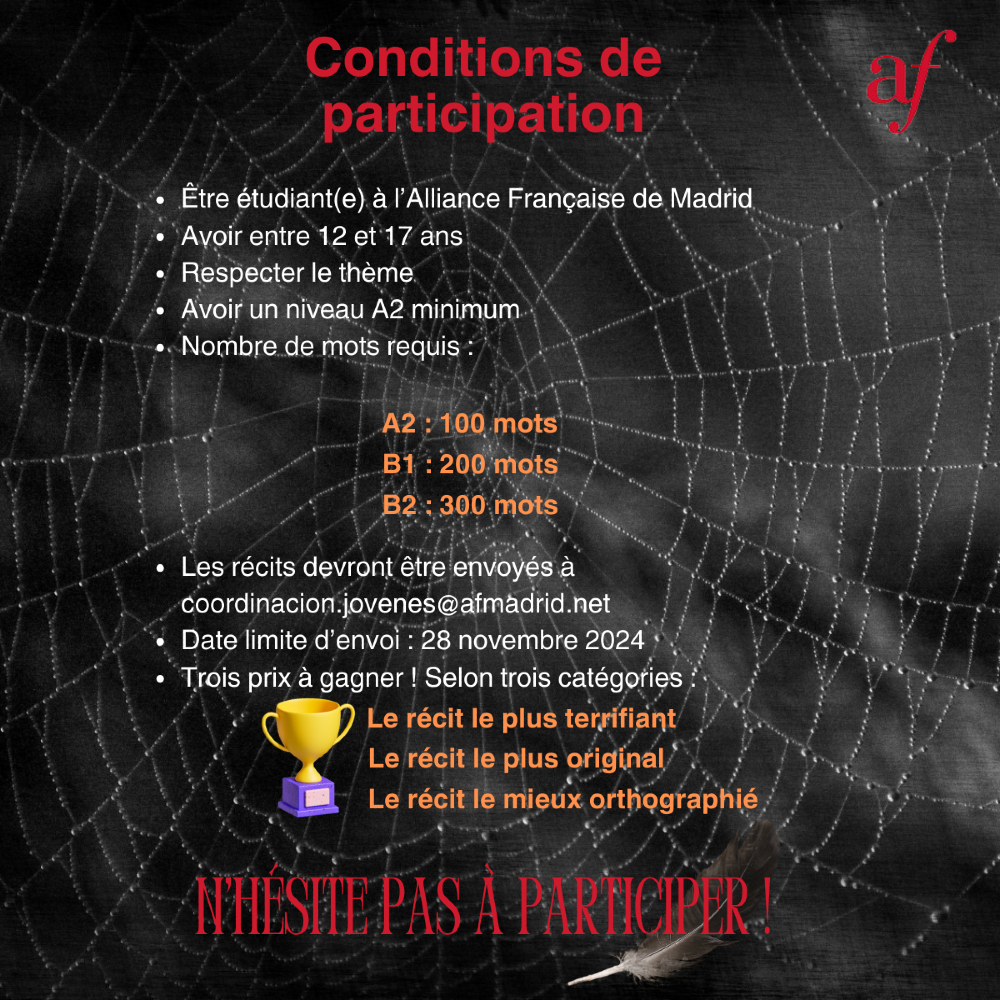 AllianceMadrid's tweet photo. 🎃📚 ¡Este Halloween lo celebramos a lo grande con "Le concours d’écriterreur CyberPANIQUE”! 📚👻

¿Te apasiona escribir? Sorpréndenos con una historia cargada de intrigas, miedo… ¡Y terror! 💻💀

👥 Requisitos en la imagen

#concursodeescritura #concurso #halloween https://t.co/ov9ax90Gss