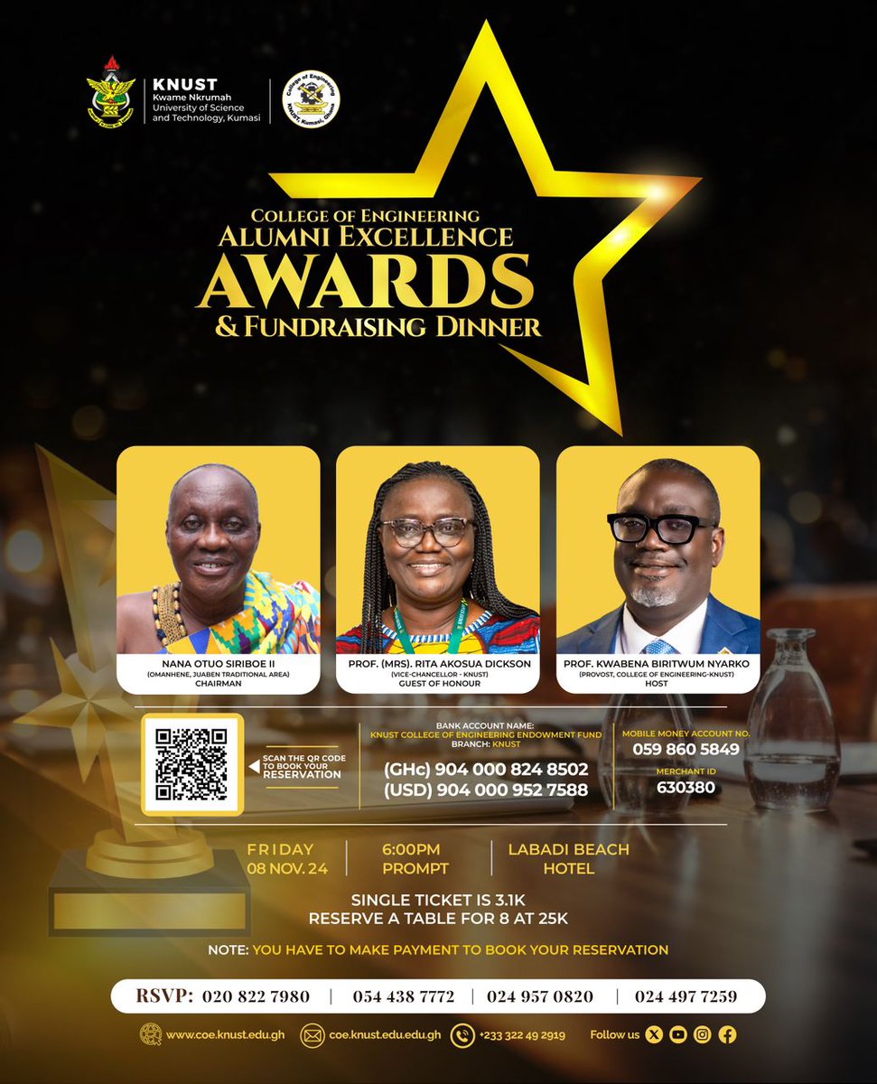 The College of Engineering Alumni Excellence Awards and Fundraising Dinner comes off on Friday, 8th November, 2024 at the Labadi Beach Hotel.
Book your reservation now!