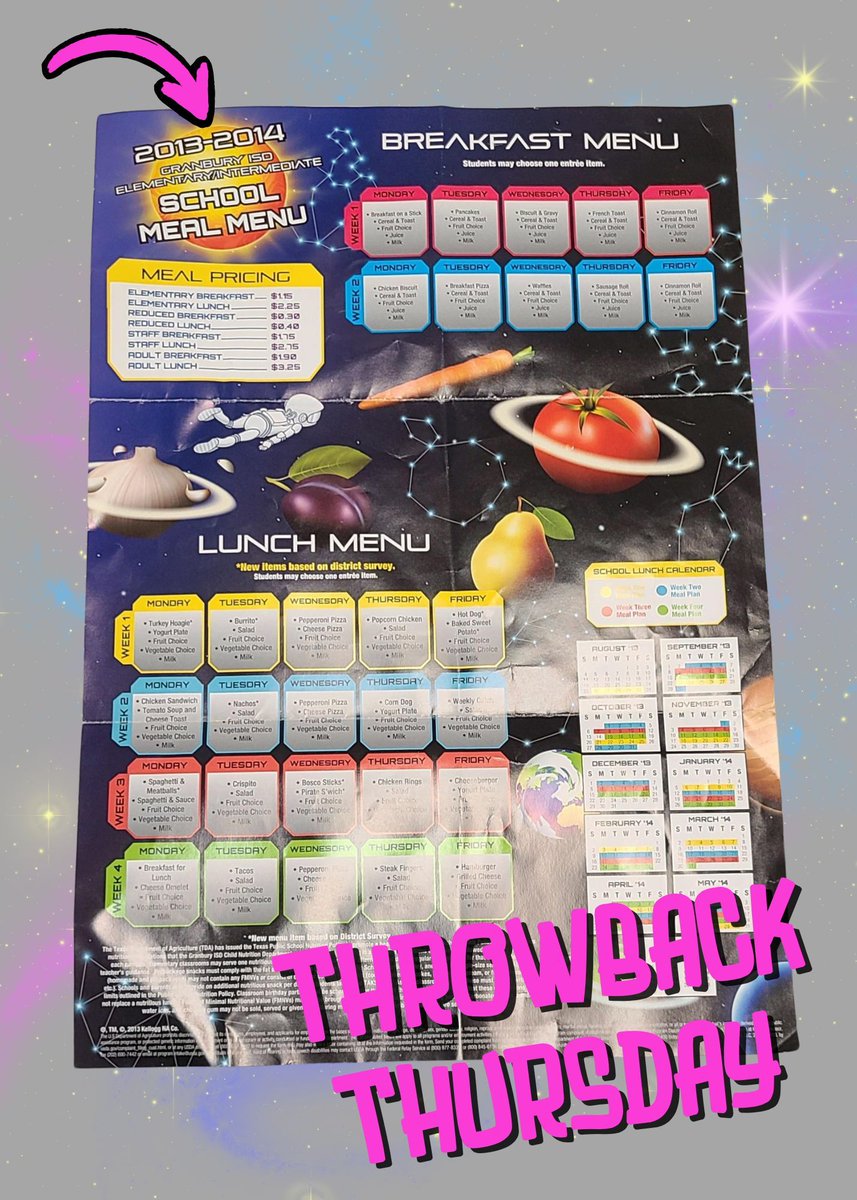 #ThrowbackThursday One of our past workers found this and sent it to us! This was the yearly menu from 2013-2014 for Elementary/Intermediate students.