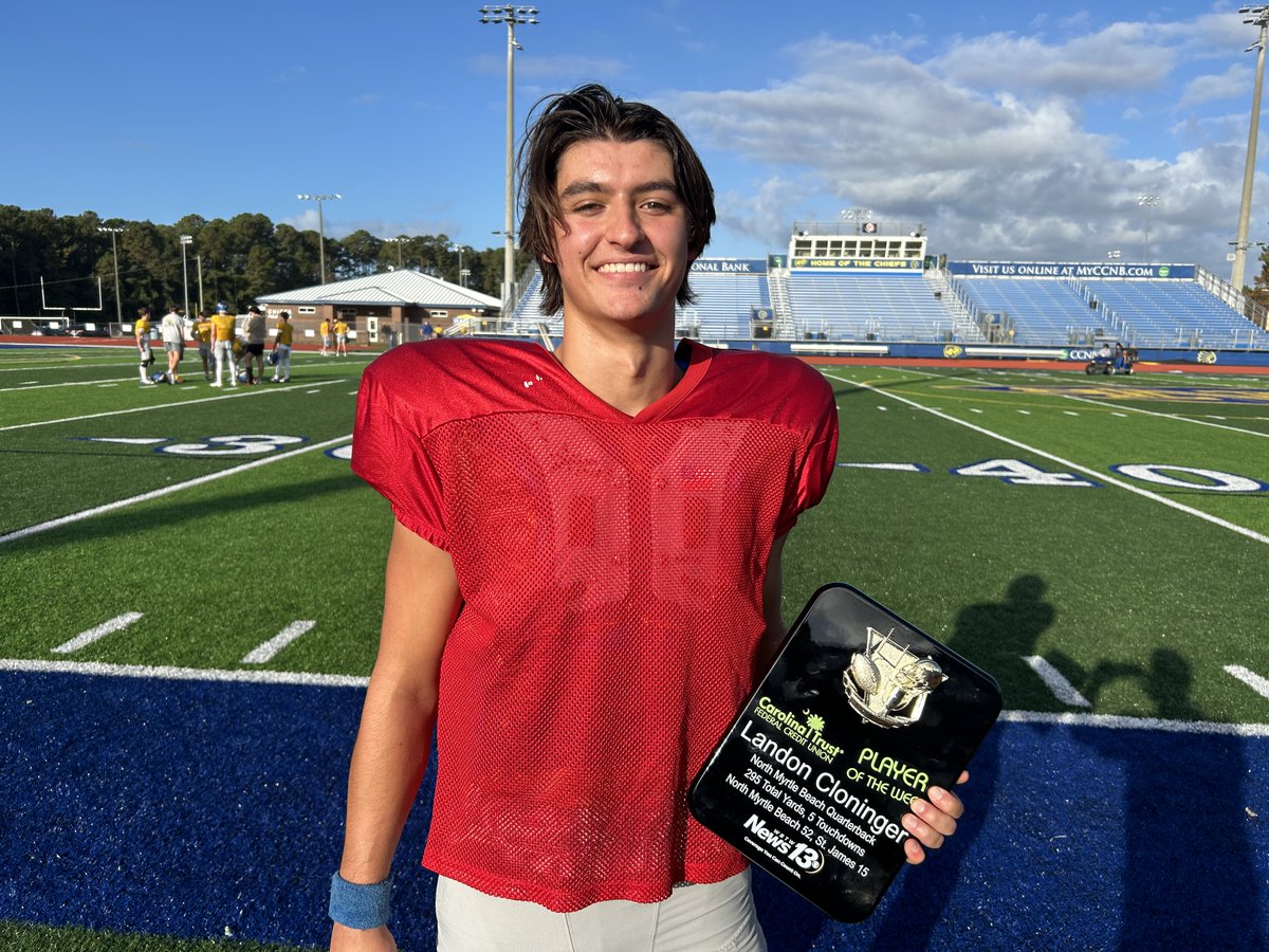 Chris Parks (@chrisparkswbtw) on Twitter photo Congratulations to our <a href="/WBTWBlitz/">WBTW News13 Blitz</a> Grand Strand player of the week from <a href="/NMBHSFootball/">North Myrtle Beach Football</a>, its QB Landon Cloninger! 295 total yards, 5 touchdowns in the Chiefs 52-15 win over St. James last Friday night.
<a href="/WBTWNews13/">WBTW News13</a> <a href="/CloningerLandon/">Marc “Landon” Cloninger</a> Congratulations to our <a href="/WBTWBlitz/">WBTW News13 Blitz</a> Grand Strand player of the week from <a href="/NMBHSFootball/">North Myrtle Beach Football</a>, its QB Landon Cloninger! 295 total yards, 5 touchdowns in the Chiefs 52-15 win over St. James last Friday night.
<a href="/WBTWNews13/">WBTW News13</a> <a href="/CloningerLandon/">Marc “Landon” Cloninger</a>