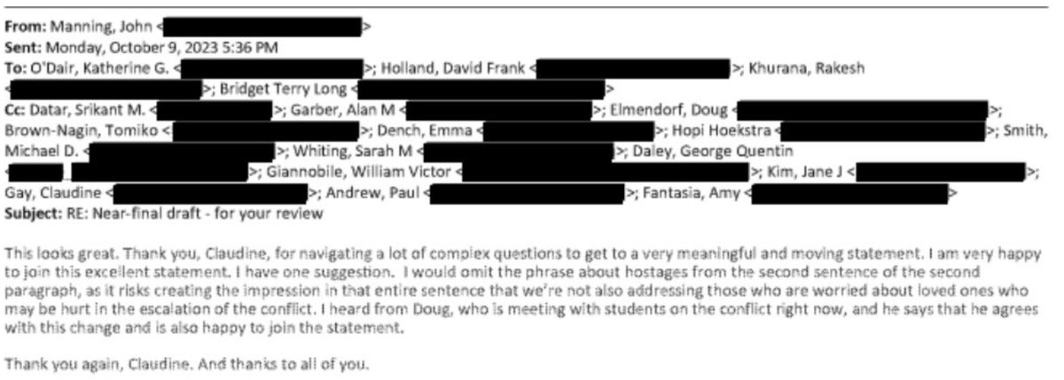 Breaking: In an email exchange between Harvard administrators, they stated they should "omit the phrase about hostages" from their statement about the Oct. 7th attack.

Antisemitism at the Ivy League is systemic.
