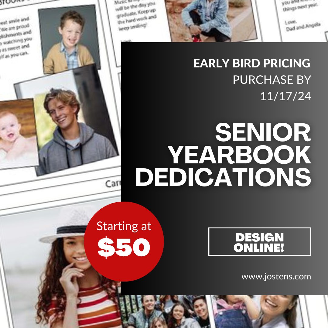 Celebrate your senior year with a personalized yearbook ad! 🎉 Early bird pricing ends November 17—ads start at just $50! Reserve your spot online at jostens.com Don’t miss out on making your mark!
Please note: Yearbook and ads are sold separately. #ClassOf2024