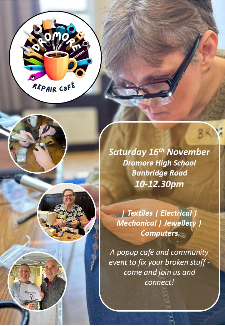 Repair Cafe Dromore (@repaircafedmore) on Twitter photo Our next Repair Cafe in Dromore will run on Saturday 16th November 10-12.30pm - put the date in your diaries and bring us your broken things to mend at Dromore High School on Banbridge Road <a href="/repaircafebfast/">Repair Café Belfast</a> <a href="/RepairCafeCduff/">Repair Café Carryduff</a> <a href="/RepairCafeAN/">Repair Café Antrim and Newtownabbey</a> <a href="/RepairCafeFoyle/">Repair & Share Foyle</a> <a href="/NIresourcesnet/">Northern Ireland Resources Network (NIRN)</a> Our next Repair Cafe in Dromore will run on Saturday 16th November 10-12.30pm - put the date in your diaries and bring us your broken things to mend at Dromore High School on Banbridge Road <a href="/repaircafebfast/">Repair Café Belfast</a> <a href="/RepairCafeCduff/">Repair Café Carryduff</a> <a href="/RepairCafeAN/">Repair Café Antrim and Newtownabbey</a> <a href="/RepairCafeFoyle/">Repair & Share Foyle</a> <a href="/NIresourcesnet/">Northern Ireland Resources Network (NIRN)</a>