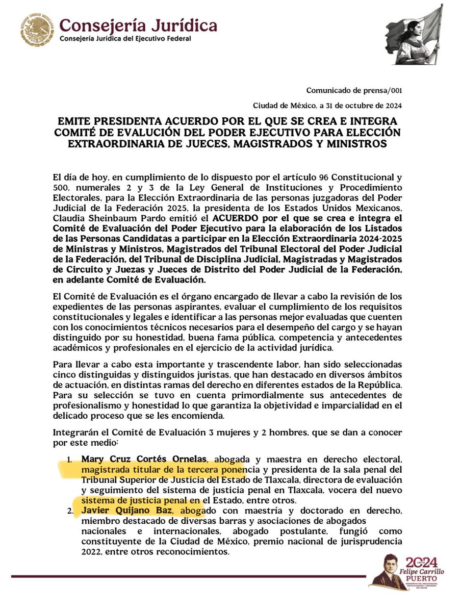 CarlosLoret's tweet photo. Listo el Comité de Evaluación  propuesto por la presidenta. 
Está Arturo Zaldívar en la lista. 
¿Qué tal? https://t.co/39mFxQYYQw