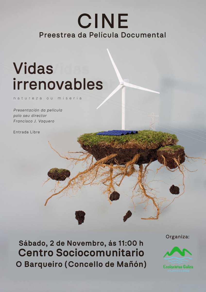 Artabra_e's tweet photo. Este Sábado día 2 as 11:00h en
O BARQUEIRO #ConcelloDeMañón,#ACoruña
Teremos o preestreo da Película Documental "VIDAS IRRENOVABLES" de @MetaforaVisual_ do director Francisco J Vaquero
Pa rematar no #barQUEIRO actuación de @LoitaAmada as 23:11 h digamos👇
@Altri_non @UlloaViva https://t.co/nb8I9GfcMg