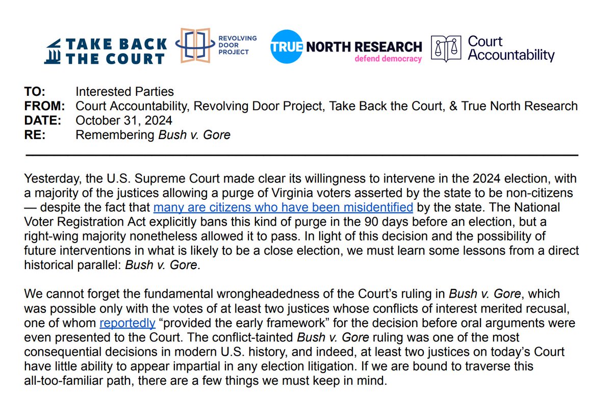 NEW MEMO: The Supreme Court's right-wing majority has made clear its willingness to intervene in the upcoming election.

We’ve been here before, and history tells us that we must loudly call out the justices’ conflicts of interest. 
therevolvingdoorproject.org/memo-rememberi…