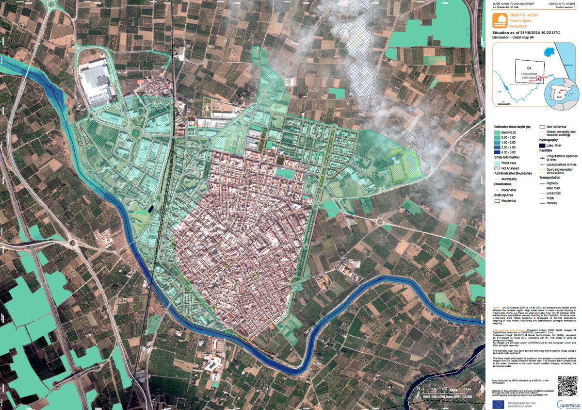 Ya disponible el primer mapa generado por <a href="/CopernicusEMS/">Copernicus EMS</a> de las inundaciones causadas por la #DANA de #Valencia en Carlet, l'Alcudia y Algemesí. En breve mapas del resto de zonas afectadas. Versión web actualizada en: rapidmapping.emergency.copernicus.eu/EMSR773