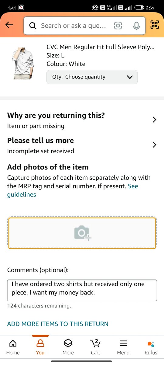 AcharyyaAryan's tweet photo. @amazonIN @amazon
I want to return one product, as it's an incomplete delivery but unable to return it. What's going on!!! https://t.co/Cd79T9Gi5B