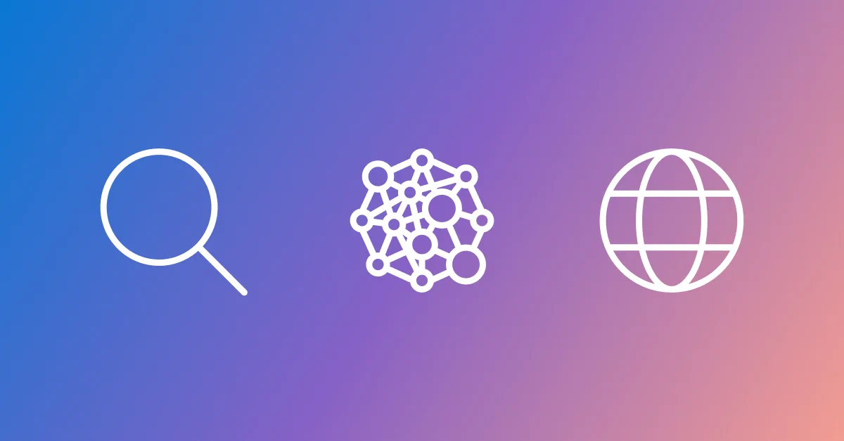 Image: Three icons that represent local and global search and GraphRAG. These icons sit on a blue to pink gradient.