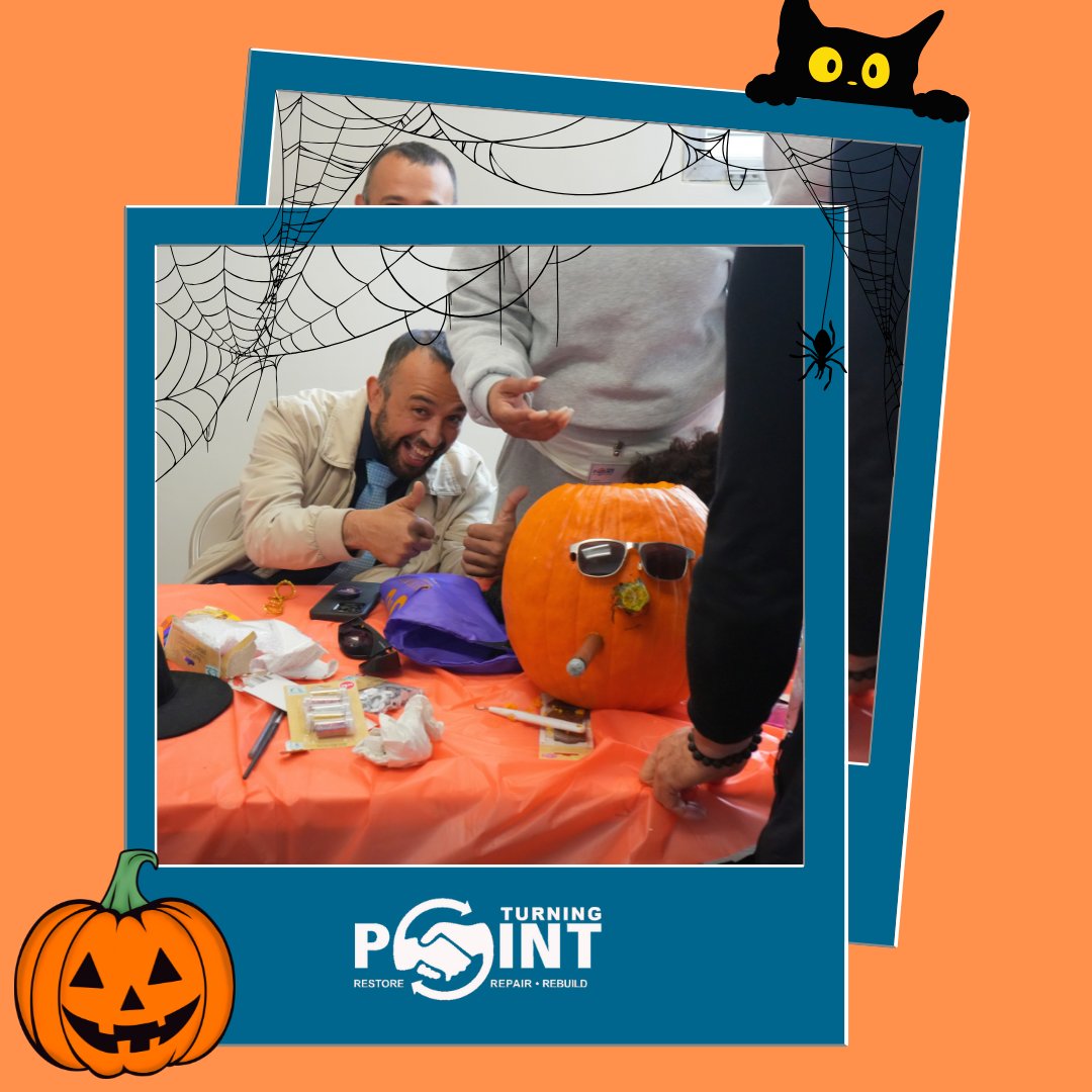 TurningPointAOD's tweet photo. Spooktacular times at Turning Point! Our staff held a pumpkin decorating showdown, brewing creativity like a cauldron! Teams cast their spells while bonding, with a hauntingly awesome $15 gift card for the winner! Which pumpkin casts a spell on you? Comment below! 
 #Halloween https://t.co/Ds38SgDuF0