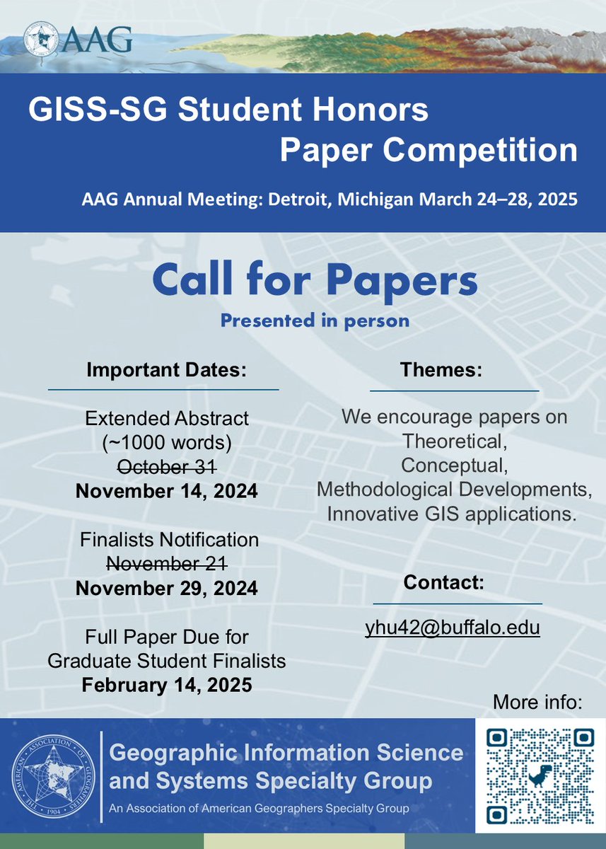 AAG Geographic Information Science & Systems (@aag_giss) on Twitter photo 📢AAG GISS-SG Student Competition Deadline Extended to November 14
🗓️AAG Meeting: Detroit, Michigan March 24–28, 2025
📄More info: aag-giss.org/competitions-a……
📧Contact: Dr. Yingjie Hu, yhu42@buffalo.edu
<a href="/theAAG/">American Association of Geographers</a> 📢AAG GISS-SG Student Competition Deadline Extended to November 14
🗓️AAG Meeting: Detroit, Michigan March 24–28, 2025
📄More info: aag-giss.org/competitions-a……
📧Contact: Dr. Yingjie Hu, yhu42@buffalo.edu
<a href="/theAAG/">American Association of Geographers</a>