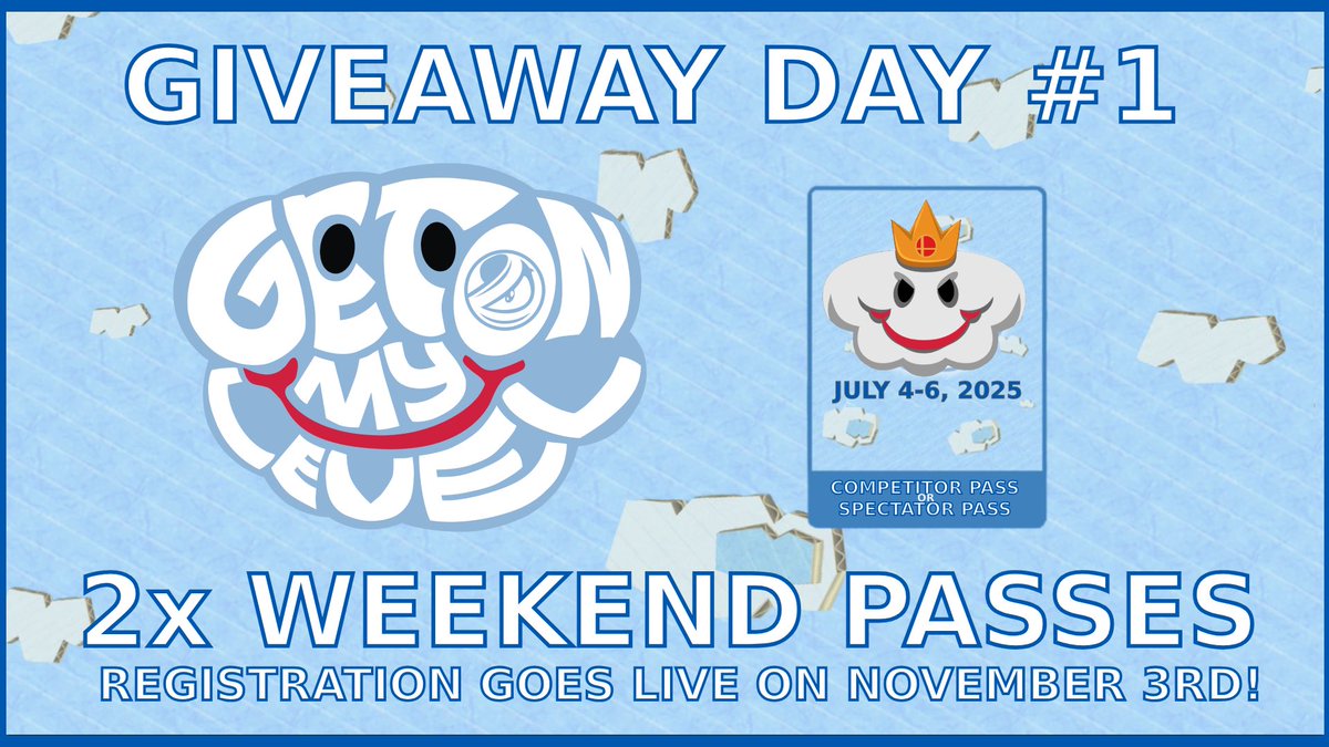 GOML🔜July 4-6☁️ start.gg/GOML (@gomlseries) on Twitter photo 3 more days until we go live with GOML reg!🫡
Which means 3 days of giveaways, starting with two event passes for you and a friend to join us!🫂
To win simply:
🔁 RT + Like & tag who you’d bring
☁️ Follow <a href="/GOMLseries/">GOML🔜July 4-6☁️ start.gg/GOML</a> 3 more days until we go live with GOML reg!🫡
Which means 3 days of giveaways, starting with two event passes for you and a friend to join us!🫂
To win simply:
🔁 RT + Like & tag who you’d bring
☁️ Follow <a href="/GOMLseries/">GOML🔜July 4-6☁️ start.gg/GOML</a>