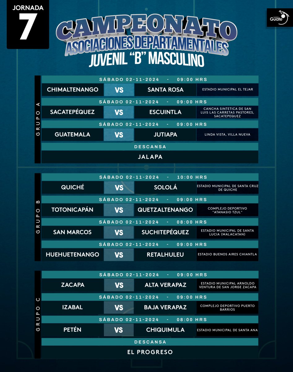 📅 PROGRAMACIÓN   |  JORNADA 7
⚽️ ᴄᴀᴍᴘᴇᴏɴᴀᴛᴏ ᴀꜱᴏᴄɪᴀᴄɪᴏɴᴇꜱ ᴅᴇᴘᴀʀᴛᴀᴍᴇɴᴛᴀʟᴇꜱ
       𝗝𝗨𝗩𝗘𝗡𝗜𝗟 "𝗕" 𝗠𝗔𝗦𝗖𝗨𝗟𝗜𝗡𝗢

 #VamosGuate