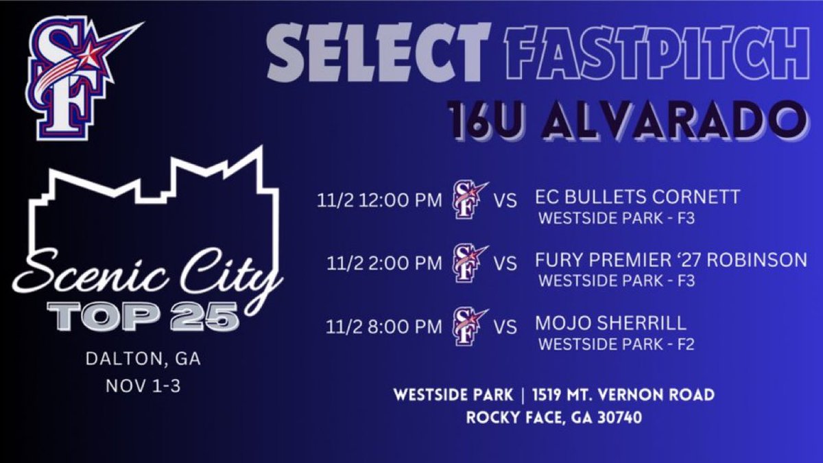 Kymorie Myers 2026 (@kymorie2026) on Twitter photo Georgia bound for the Scenic City Top 25! <a href="/ejonesrockchalk/">Eric Jones - Select Fastpitch</a> <a href="/SFP18UA/">SelectFp18ua</a> <a href="/selectFP08/">Select Fastpitch Alvarado 16U</a>
Here’s our schedule for the weekend!⤵️ Georgia bound for the Scenic City Top 25! <a href="/ejonesrockchalk/">Eric Jones - Select Fastpitch</a> <a href="/SFP18UA/">SelectFp18ua</a> <a href="/selectFP08/">Select Fastpitch Alvarado 16U</a>
Here’s our schedule for the weekend!⤵️