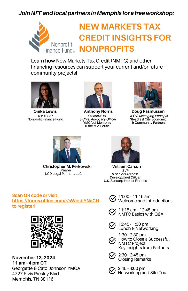 Nonprofit Finance Fund (@nff_news) on Twitter photo Free Workshop on 11/13: New Markets Tax Credit Insights for Nonprofits
Join field experts from <a href="/nff_news/">Nonprofit Finance Fund</a>, <a href="/YMCAMemphis/">YMCA of Memphis & the Mid-South</a>, Steadfast City Economic & Community Partners, KCD Legal Partners, and US Bancorp Impact Finance for an engaging conversation: nff.org/new-markets-ta… Free Workshop on 11/13: New Markets Tax Credit Insights for Nonprofits
Join field experts from <a href="/nff_news/">Nonprofit Finance Fund</a>, <a href="/YMCAMemphis/">YMCA of Memphis & the Mid-South</a>, Steadfast City Economic & Community Partners, KCD Legal Partners, and US Bancorp Impact Finance for an engaging conversation: nff.org/new-markets-ta…