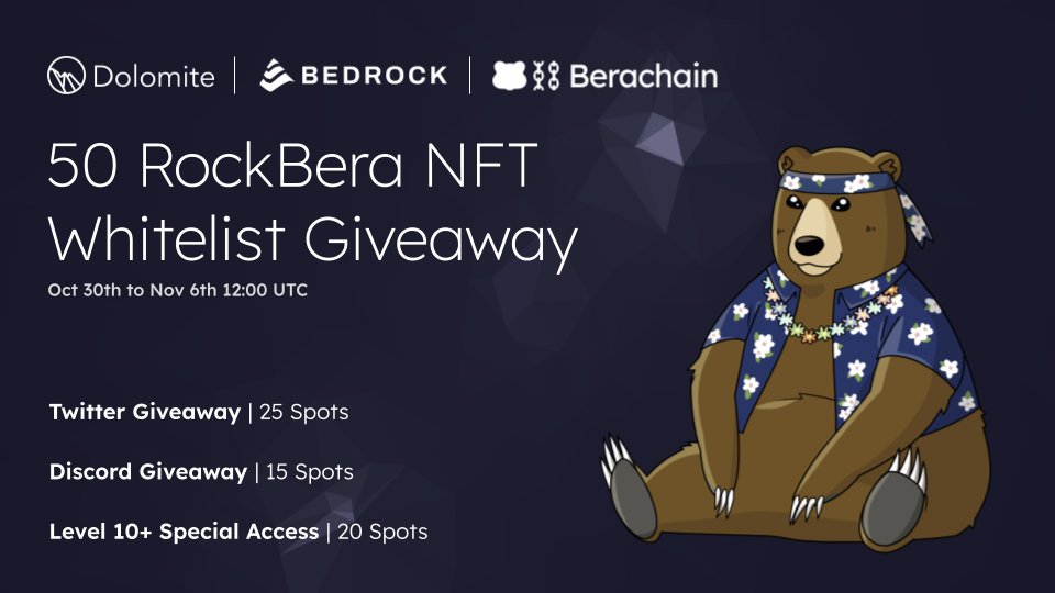 Dolomite ๐๏ธ (@dolomite_io) on Twitter photo Our good friends at <a href="/Bedrock_DeFi/">Bedrock | BR is LIVE</a> have graced us with 60 whitelist spots for their upcoming free mint!
๐ช We have set aside 25 spots for our Twitter family + 10 Dolomite XP for every entry!
How can you qualify?
1๏ธโฃ Follow <a href="/Dolomite_io/">Dolomite ๐๏ธ</a>, <a href="/Bedrock_DeFi/">Bedrock | BR is LIVE</a> , & <a href="/berachain/">Berachain Foundation ๐ปโ</a>
2๏ธโฃ Join the Our good friends at <a href="/Bedrock_DeFi/">Bedrock | BR is LIVE</a> have graced us with 60 whitelist spots for their upcoming free mint!
๐ช We have set aside 25 spots for our Twitter family + 10 Dolomite XP for every entry!
How can you qualify?
1๏ธโฃ Follow <a href="/Dolomite_io/">Dolomite ๐๏ธ</a>, <a href="/Bedrock_DeFi/">Bedrock | BR is LIVE</a> , & <a href="/berachain/">Berachain Foundation ๐ปโ</a>
2๏ธโฃ Join the