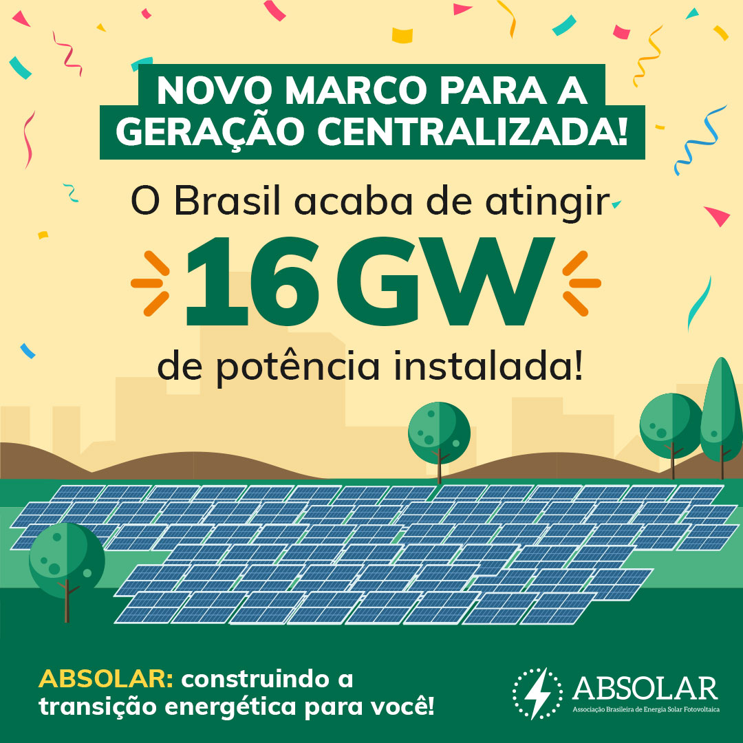 ABSOLAR_Brasil's tweet photo. Novo recorde para o setor solar! ☀🥳
A geração centralizada acaba de chegar a 16GW de potência instalada! Parabéns ao setor.
#ABSOLAR #GC #GERAÇÃOCENTRALIZADA #ENERGIASOLAR https://t.co/96CPl05RQq