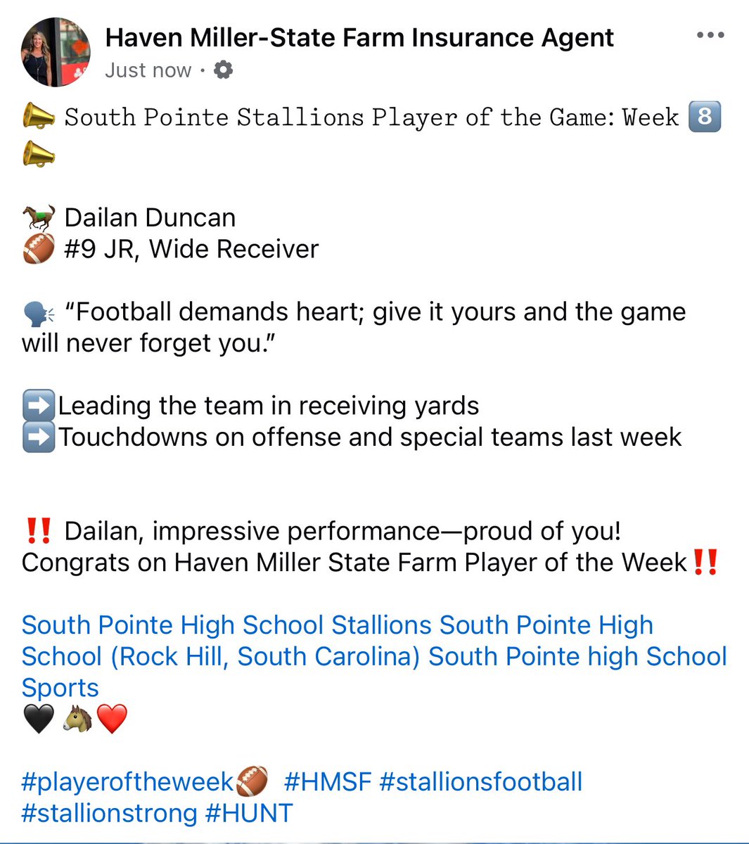 HavenMiller10's tweet photo. #HMSF Week 8๏ธโฃ #PlayeroftheGame
๐จ@DailanDuncan ๐จ from @FootballSPHS โ Way to play ๐๐จ #SPvsEverybody #perform #effort #lead #provethemwrong #blessedtobeablessing ๐ค#stallionsfootball #beGREAT #stallionstrong #LetsGo #HUNT @SPHSstallions @southpointeFBSC https://t.co/81AysXK6hH