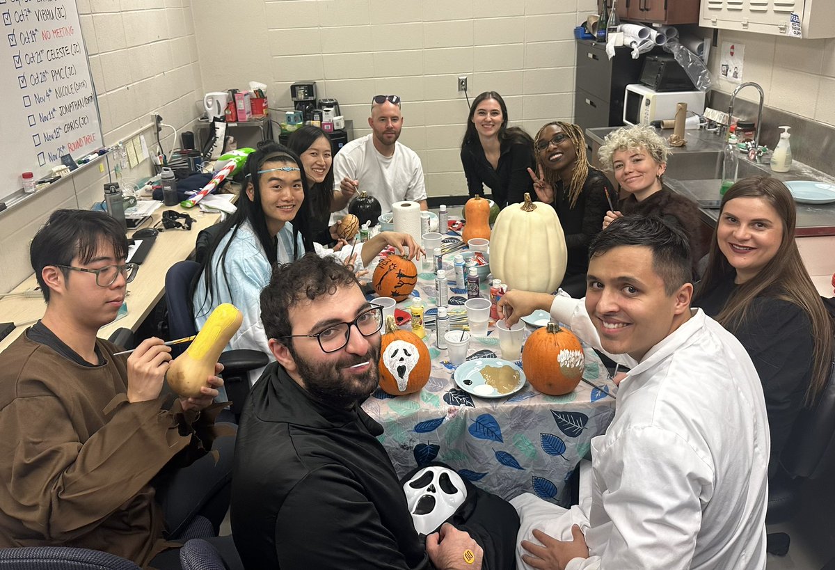 Masha_P_K's tweet photo. Happy Halloween🎃!  Pumpkin &amp; costume competition in @AKhoutorsky &amp; @Masha_P_K labs @Hannah61792914 @AmirahImanHicks @ChevillardPM @Chris_QChen  @LaporteCeleste @nekorubrown @Weihua1990 @MakashovaOlena at @mcgillu @McGillMed @McGillPhysioloG https://t.co/X8lrB6Qu7x