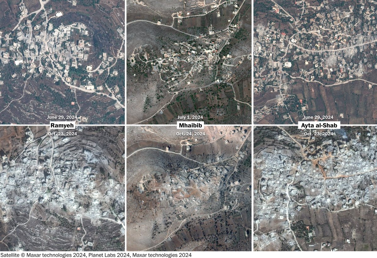 evanhill's tweet photo. Across Lebanon's border villages, at least 5,868 buildings have been left in ruins, 80% of them since the invasion began. In some places, such as the villages of Ayta al-Shab and Kfar Kila, nearly half of all structures are gone. Many village centers have been erased. https://t.co/9vGv5UOv1L