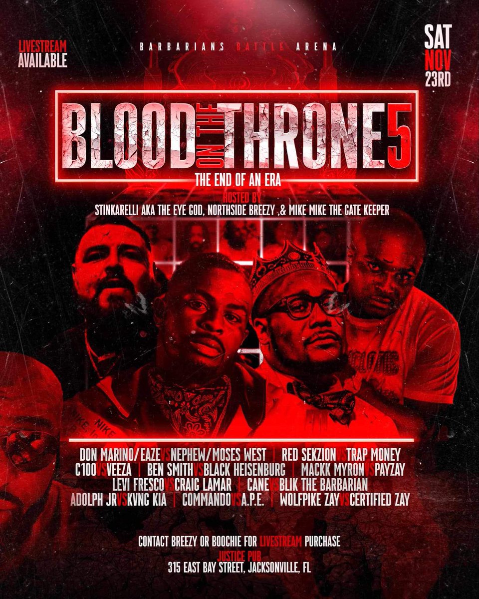 chillonbreezy's tweet photo. We Don’t Care None Of That
11.23.24
Blood On The Throne 5
Barburians Battle Arena https://t.co/H1O4PO2Fis