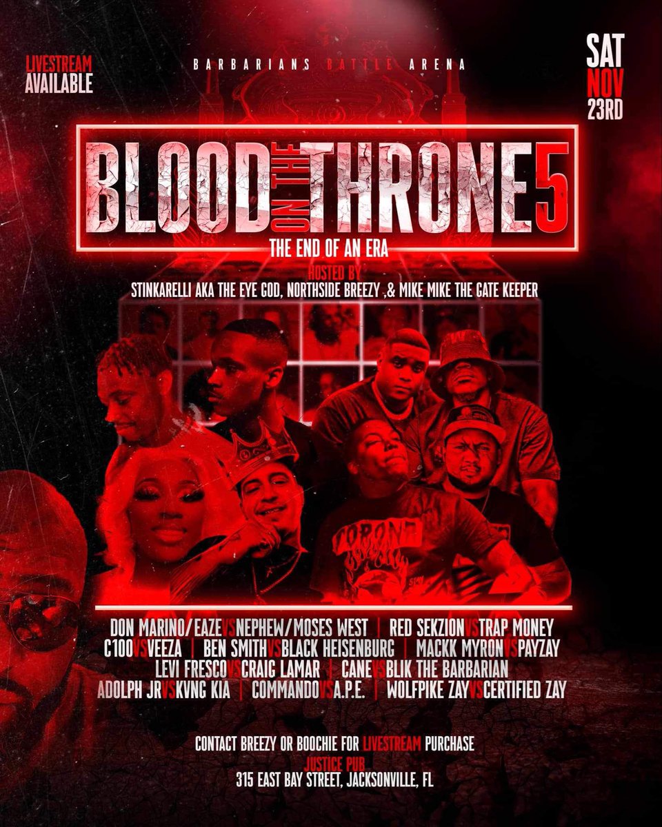 chillonbreezy's tweet photo. We Don’t Care None Of That
11.23.24
Blood On The Throne 5
Barburians Battle Arena https://t.co/H1O4PO2Fis