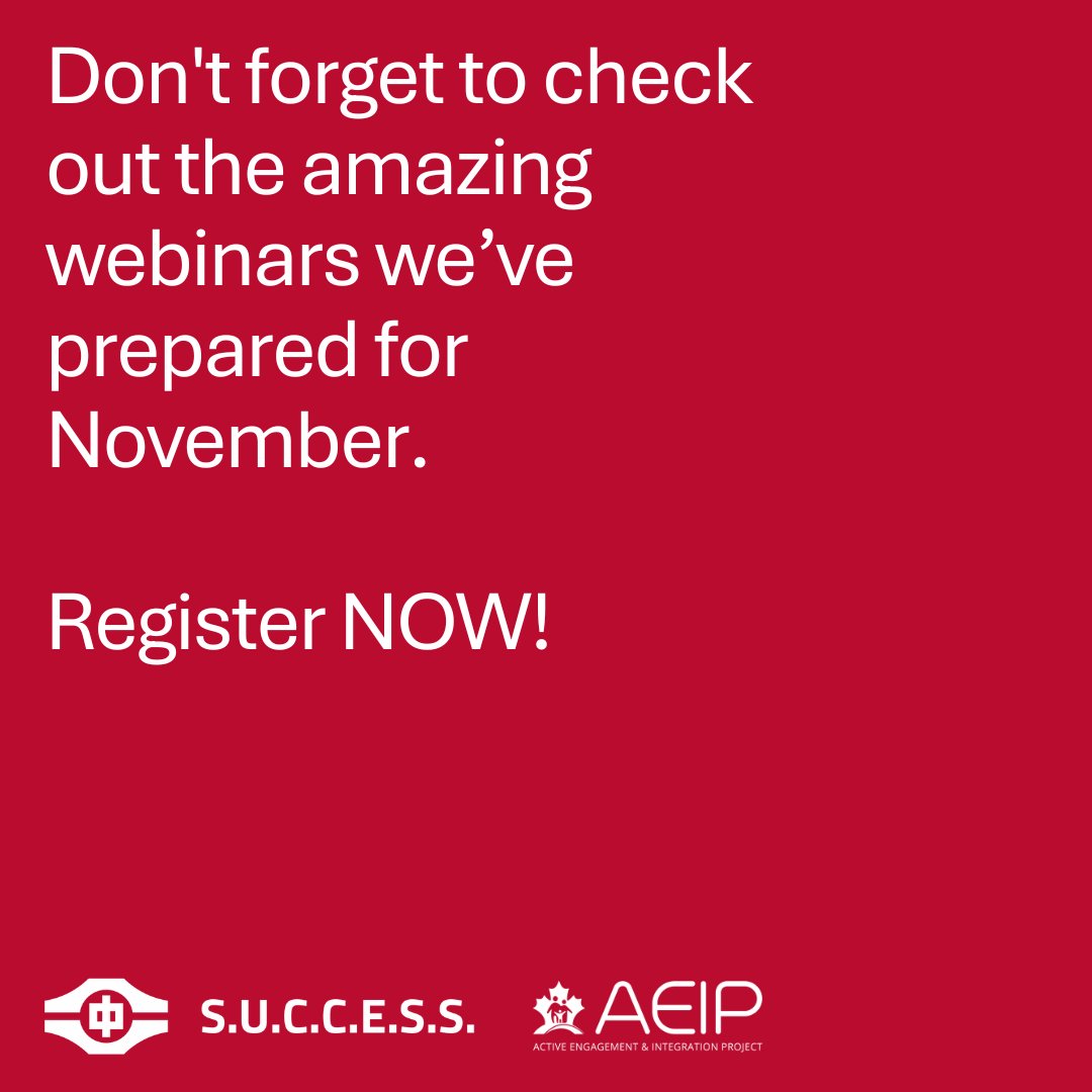 Don’t miss out on the fantastic webinars we have prepared for November! Join us for opportunities to learn, engage, and connect.

Register NOW at: aeipsuccess.ca

#aeipsuccess #PreArrivalServices #LiveWebinars