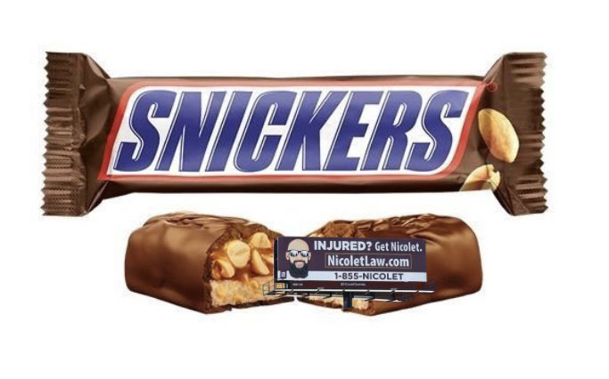 midwestern_ope's tweet photo. Be sure to check your Halloween candy this year. I just found a Nicolet Law billboard in a Snickers bar https://t.co/LuveonNady