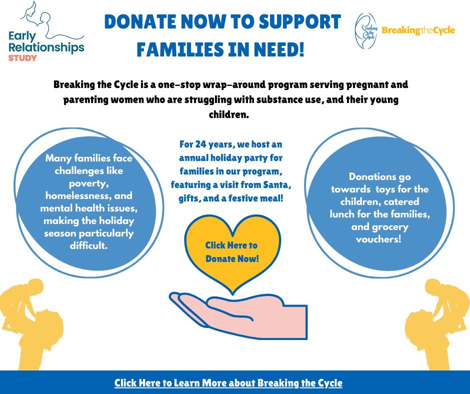 📢Mothercraft's Breaking the Cycle is collecting donations for their annual holiday party! Please consider donating to support vulnerable mothers and children this holiday season! Donations are tax-deductible." To learn more please visit: : canadahelps.org/en/dn/121693