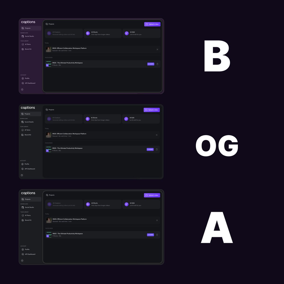 Just added 2 changes to captions.ai in under a minute while waiting for the render

A) border in option A, that I think separates layers well
B) ackround color that increases focus on the main area

Original is the middle one

What's better?