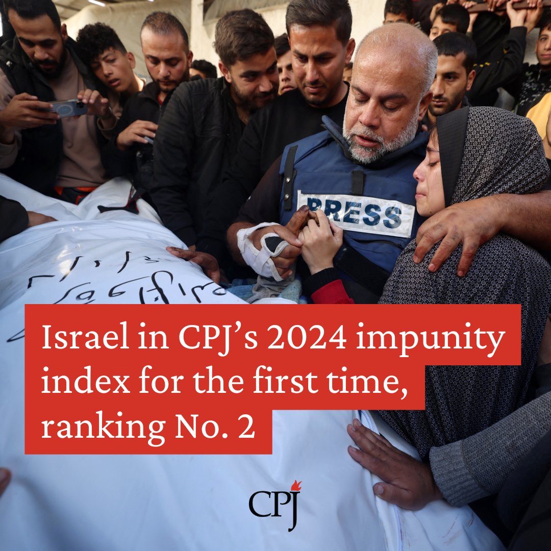 pressfreedom's tweet photo. #Israel has landed on CPJ’s Global #ImpunityIndex for the first time, ranked second, following a failure to hold anyone to account in journalist killings at all in the index period between 2014 and 2024. Read more: https://t.co/VsyWHNdOr9
📷Mohammed Abed/AFP https://t.co/FIYWfvRLDC