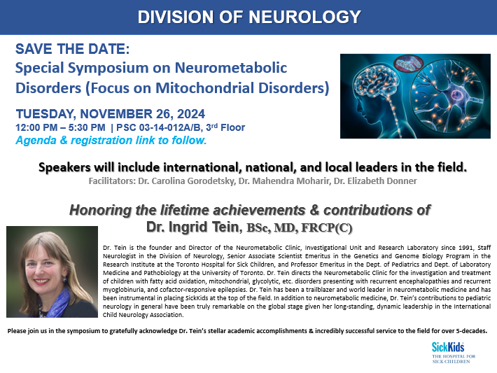 Come celebrate all of Dr. Ingrid Tein's achievements in her 5 decades working in Neurometabolic #research on November 26 at the PSC! 
<a href="/SickKidsNews/">The Hospital for Sick Children (SickKids)</a> 
<a href="/UofT_LMP/">Department of Laboratory Medicine & Pathobiology</a> 
<a href="/icnapedia/">ICNApedia</a>
