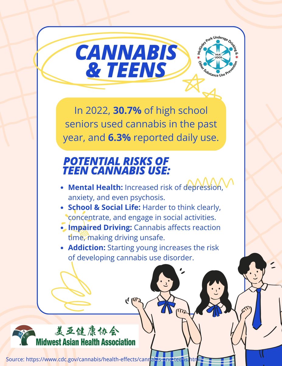 McKUDOS_chi's tweet photo. For #RedRibbonWeek , let’s raise awareness! In 2022, 30.7% of high school seniors used cannabis, impacting memory, learning &amp; mental health. Talk to teens about the risks: depression, addiction &amp; impaired driving. Let’s keep our teens safe! #TeenHealth #CannabisAwareness https://t.co/ACTf6pN351