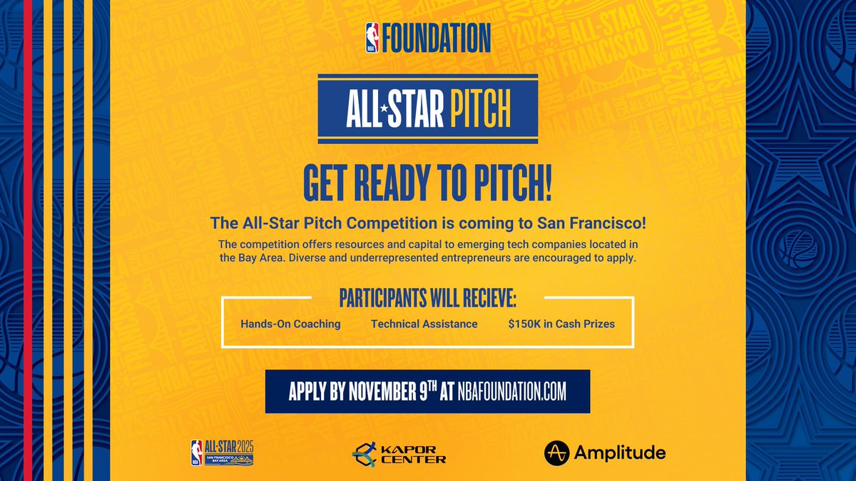 Kapor Capital (@kaporcapital) on Twitter photo 📣 <a href="/KaporCenter/">Kapor Center</a> has teamed up with <a href="/NBAFoundation/">NBA Foundation</a> & <a href="/warriors/">Golden State Warriors</a> for the 2025 #NBA All-Star Pitch Competition! We are proud to champion this competition as a platform to uplift gap-closing founders.
Apply by Nov 9th to pitch your business + get funding: bit.ly/3YwUdFx 📣 <a href="/KaporCenter/">Kapor Center</a> has teamed up with <a href="/NBAFoundation/">NBA Foundation</a> & <a href="/warriors/">Golden State Warriors</a> for the 2025 #NBA All-Star Pitch Competition! We are proud to champion this competition as a platform to uplift gap-closing founders.
Apply by Nov 9th to pitch your business + get funding: bit.ly/3YwUdFx