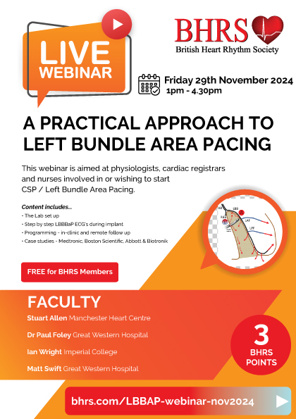 BHRSociety's tweet photo. ๐ขJoin the BHRS for a Live Education Webinar!
Topic: A Practical Approach to Left Bundle Area Pacing.
This webinar is ideal for physiologists, cardiac registrars, & nurses involved in or looking to start CSP/Left Bundle Area Pacing
https://t.co/SDWCFK8Uia
#BHRSwebinar #LBBa https://t.co/59EPKklGsa