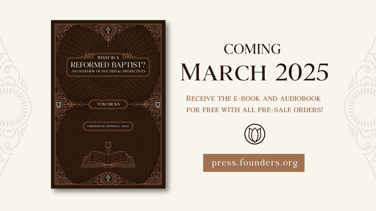 FoundersMin's tweet photo. We are excited to announce our newest Founders Press title by Dr. Tom Hicks (@TomHicks2LCF): What Is a Reformed Baptist? An Overview of Doctrinal Distinctives. 

From the author: 

A Reformed Baptist is a Christian who believes in the great doctrines recovered by the Protestant Reformation, including the sufficiency of Scripture for the church, salvation by God’s free grace, justification by faith alone, the importance of God’s good law and the gospel of Jesus Christ, the centrality of the church in the life of the believer, and the great doctrine of Christian liberty. This book argues that Reformed Baptists are not particularly unique, but are simply biblical Christians who fall within the theological stream of the historic Reformed faith, and who are also baptistic in their doctrine of the church. This is not a polemical work. Rather, it makes a positive case for the doctrines cherished by Reformed Baptists. May this book benefit motivated laymen, broadly evangelical pastors, Baptist pastors, and Reformed paedobaptist pastors who want to understand what their Reformed Baptist brethren believe.

Foreword by Dr. Tom Ascol (@tomascol). Endorsed by James Renihan, Fred Malone, D. Scott Meadows, Tom Nettles, Sam Waldron and more.

Coming March 2025. 

All pre-orders will receive the e-book and audiobook for free upon release! 

Pre-order your copy on sale today: https://t.co/gizCfRKjnr