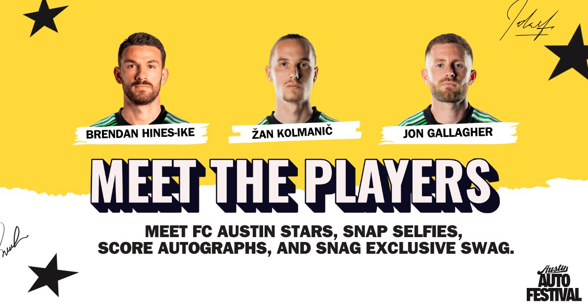 AustinAutoFest's tweet image. Meet @AustinFC stars at the Austin Auto Festival!

Nov 16:
10AM-12PM: Brendan Hines-Ike
3PM-5PM: @zankolmanic

Nov 17:
10AM-12PM: Brendan Hines-Ike
3PM-5PM: @JonGallagher96

Regular admission includes player meet-and-greets! 💚 #Verde #Listos